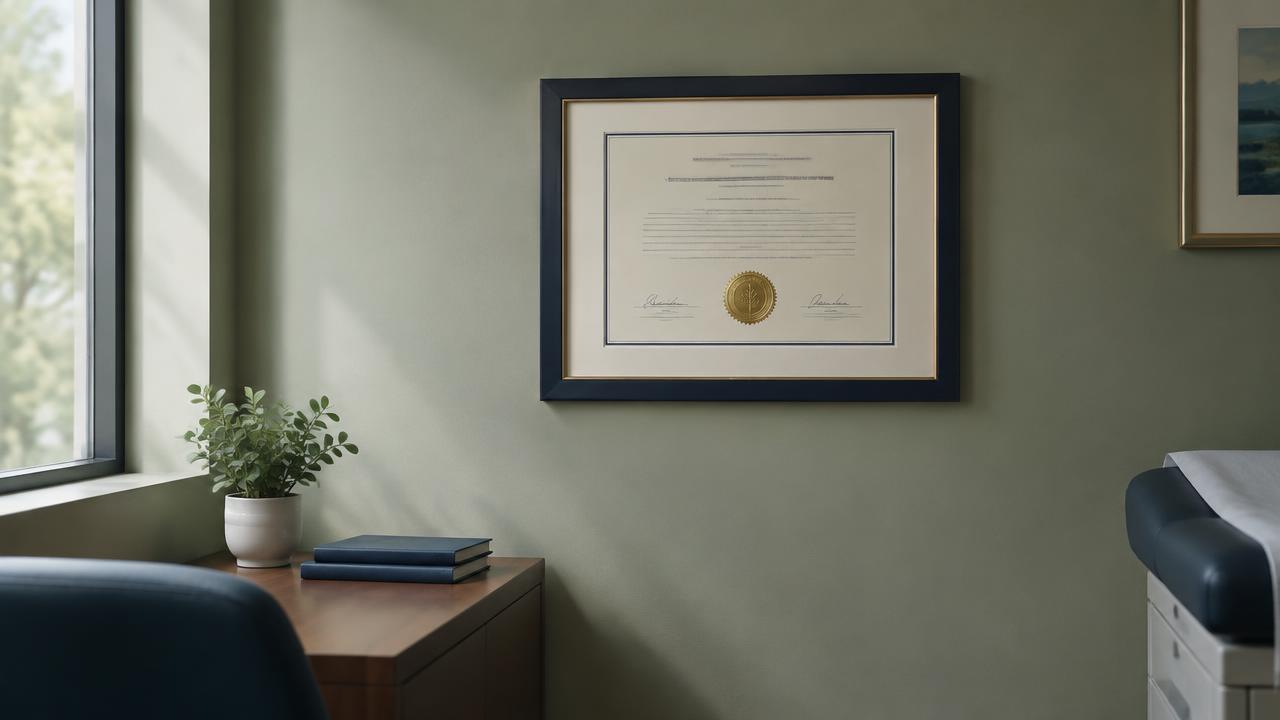 A framed certificate with an embossed seal on a sage office wall