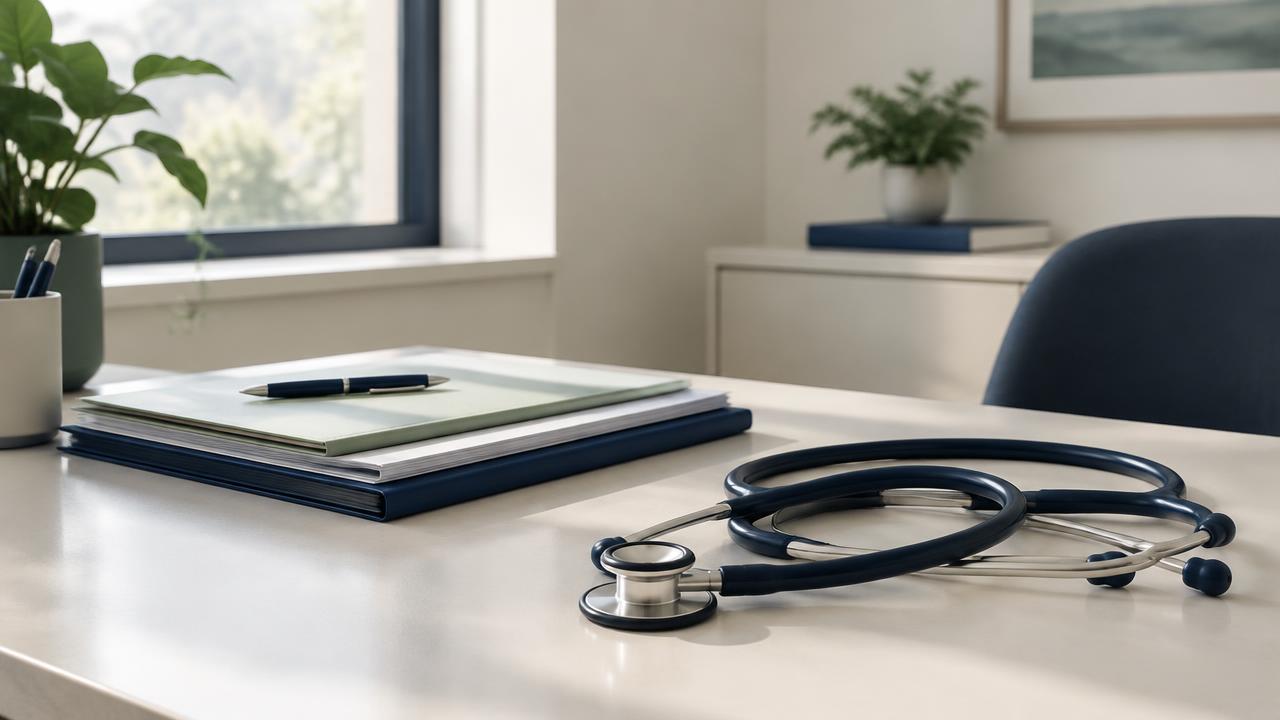 A medical office desk with organized documents and a stethoscope