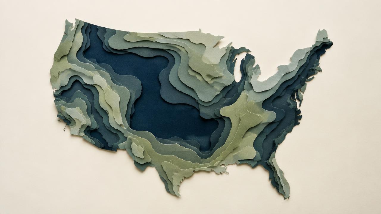 A layered paper map of the United States in navy and sage tones