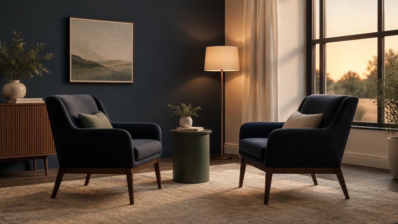 Two chairs facing each other in a warm consultation room at dusk