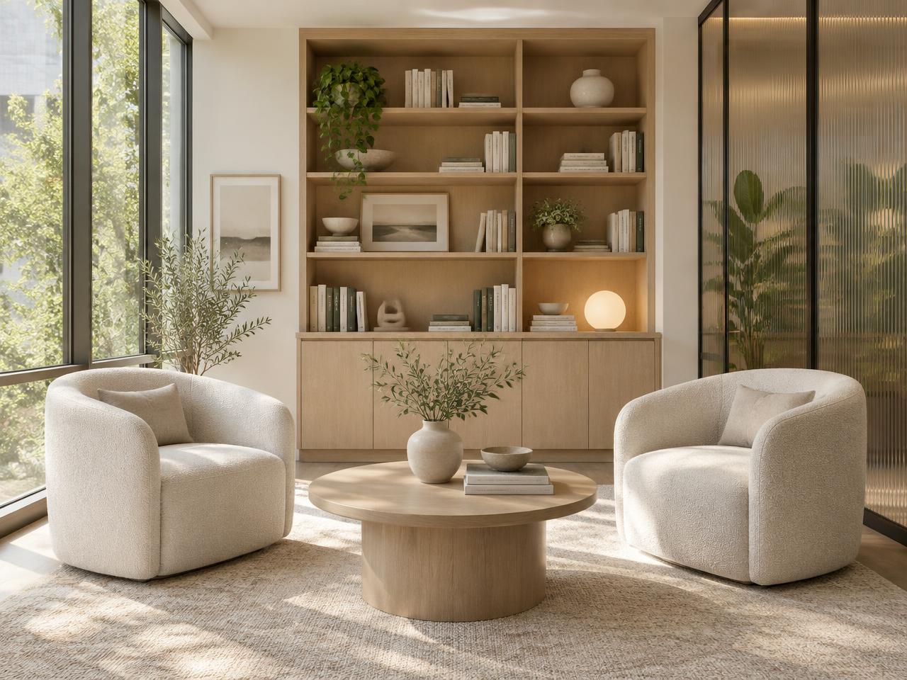 Sunlit consultation lounge with oak shelving, two armchairs, and a glass partition