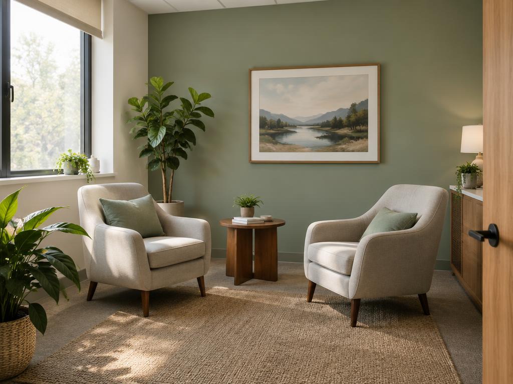 A calm consultation room with two armchairs and a sage accent wall
