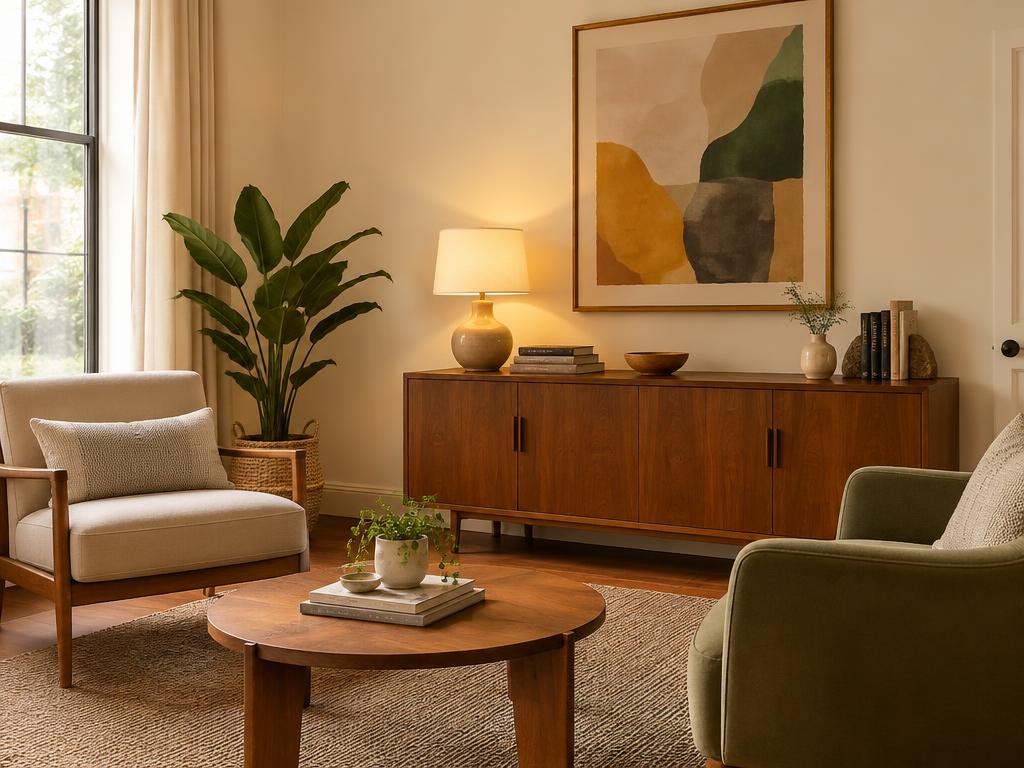 A warm therapy office with wooden furniture and soft lamplight